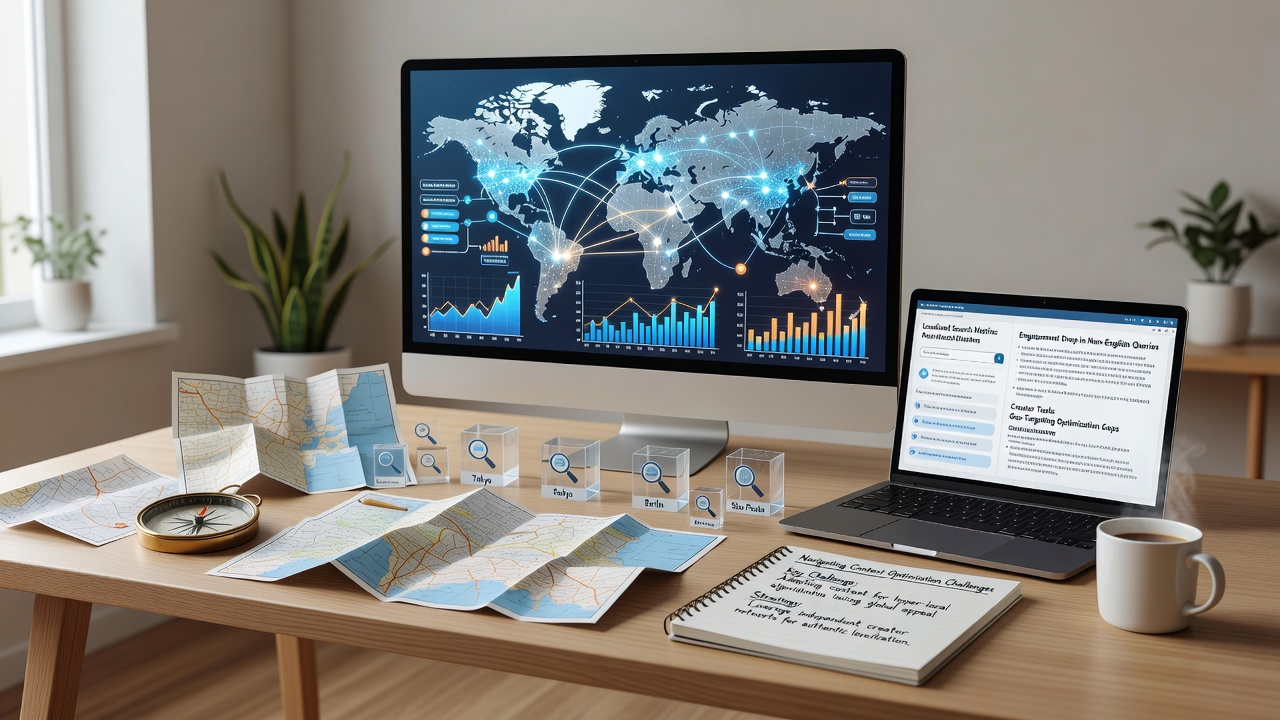 Creator reviewing analytics dashboards showing localized search performance metrics across different regions